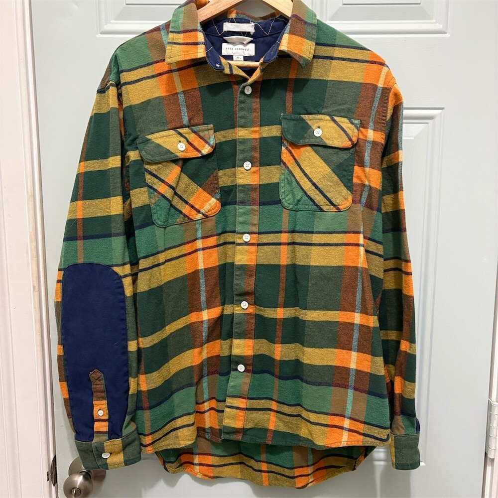 Free Assembly Button-Up Shirt Mens XL Green Gold Orange Plaid Elbow